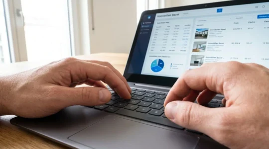 Nahaufnahme von Händen, die auf einer modernen Laptop-Tastatur tippen, im unscharfen Hintergrund ein Bildschirm mit Immobiliendaten