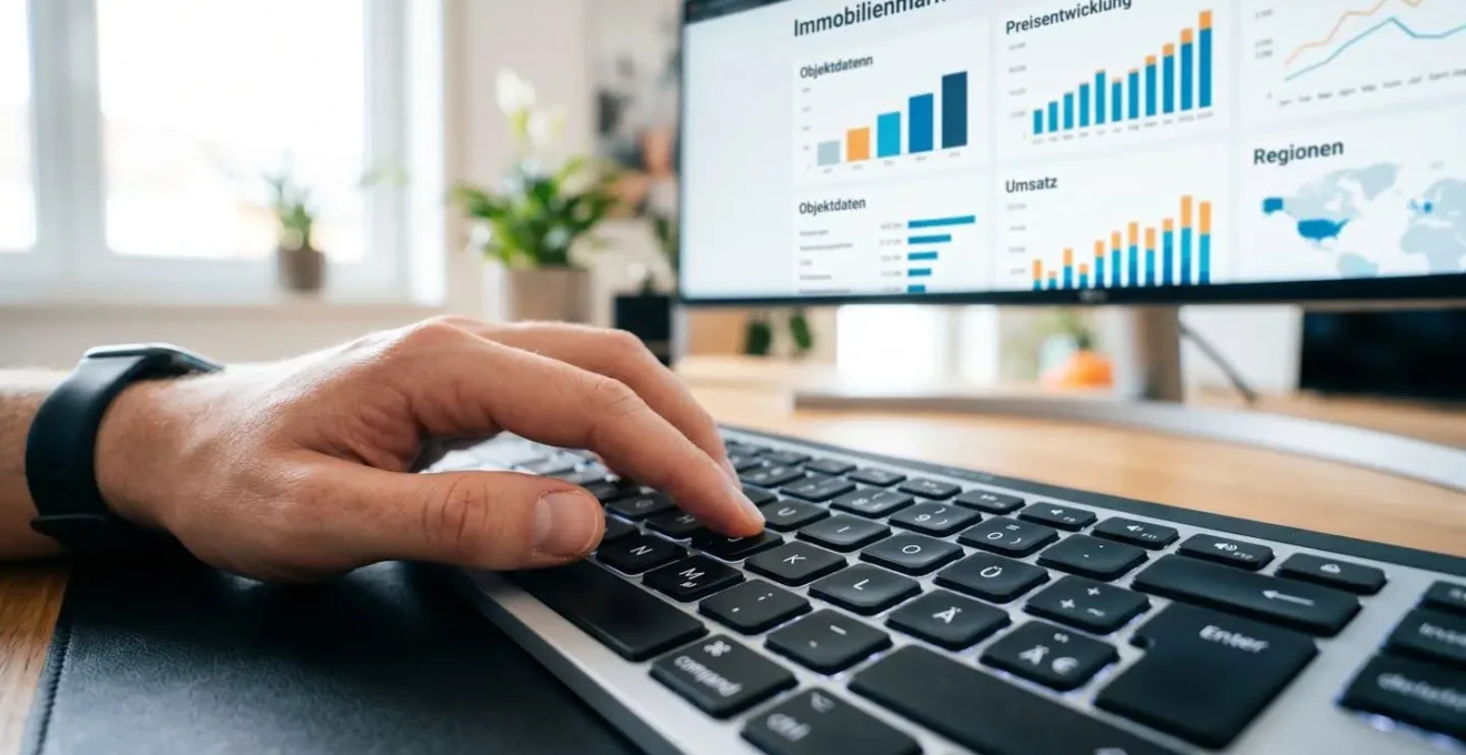 Nahaufnahme von Händen, die auf einer modernen Computertastatur tippen, mit einem unscharfen Bildschirm im Hintergrund, der abstrakte Diagramme zeigt