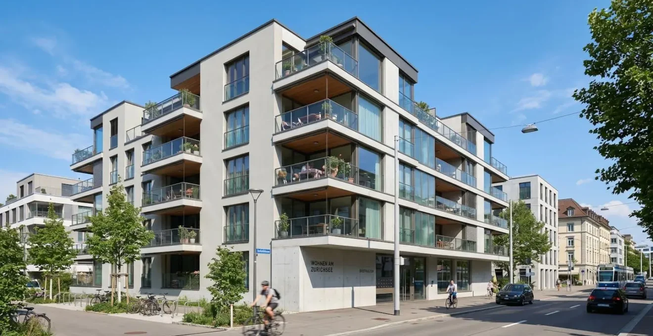 Aussenansicht eines modernen Schweizer Wohngebäudes mit klaren Linien, Balkonen und zeitgenössischer Architektur bei hellem Tageslicht in städtischer Umgebung