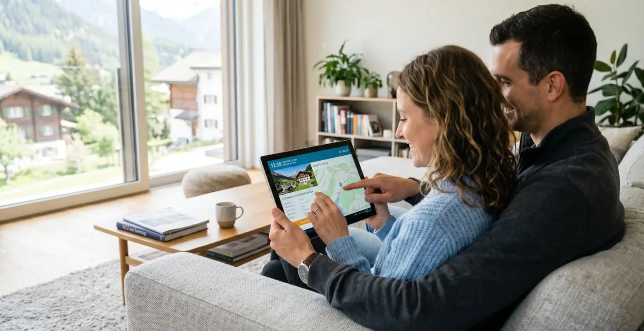 Ein Paar sitzt gemeinsam auf einem modernen Sofa und betrachtet konzentriert ein Tablet in einem hellen Schweizer Wohnzimmer mit grossem Fenster