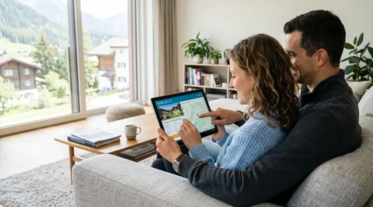 Ein Paar sitzt gemeinsam auf einem modernen Sofa und betrachtet konzentriert ein Tablet in einem hellen Schweizer Wohnzimmer mit grossem Fenster
