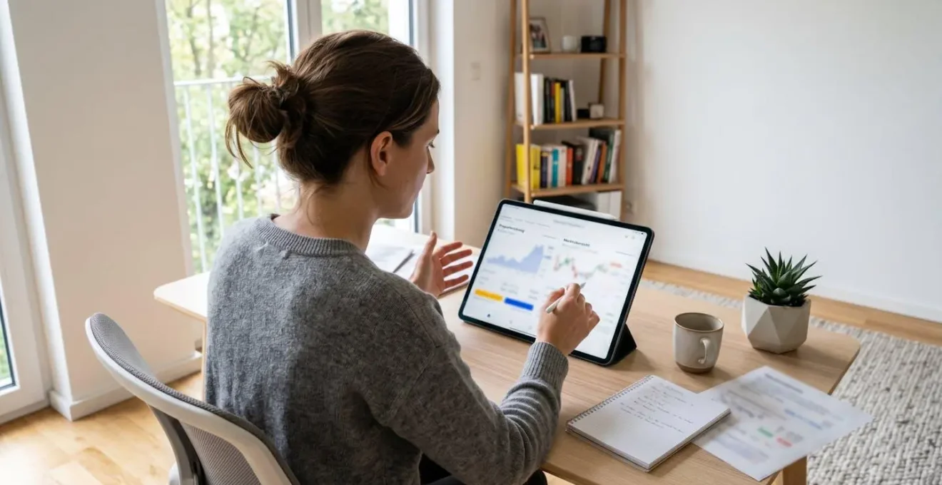 Mittlere Einstellung einer Person von hinten, die an einem modernen Schreibtisch sitzt und auf einem Tablet Immobiliendaten konsultiert