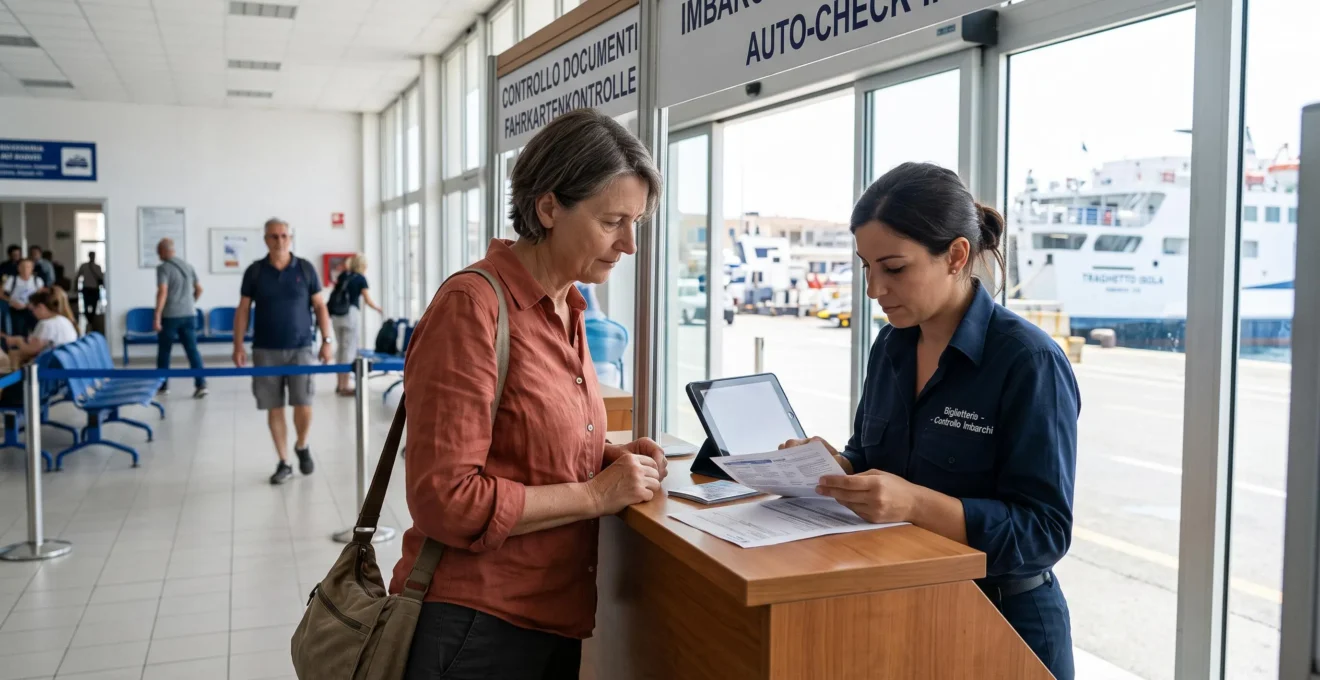 Eine Mitarbeiterin prüft am Terminal-Counter die Buchungsunterlagen einer Reisenden für die Fährüberfahrt.