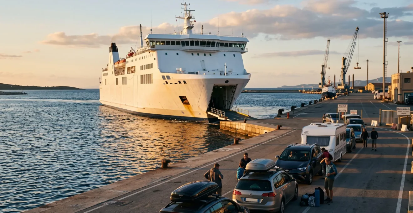 Ein Autofähre legt im Hafen von Olbia auf Sardinien an, Fahrzeuge warten am Kai.