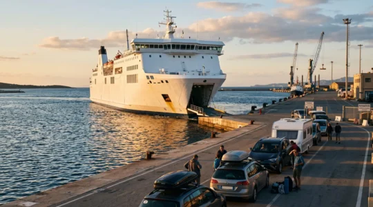 Ein Autofähre legt im Hafen von Olbia auf Sardinien an, Fahrzeuge warten am Kai.